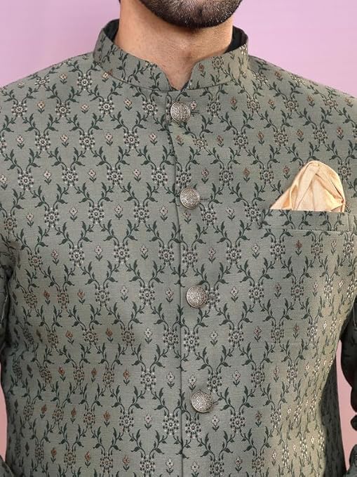 Men's Ethnic Wear Silk Regular Fit Green Kurta Sherwani Set - Image 3