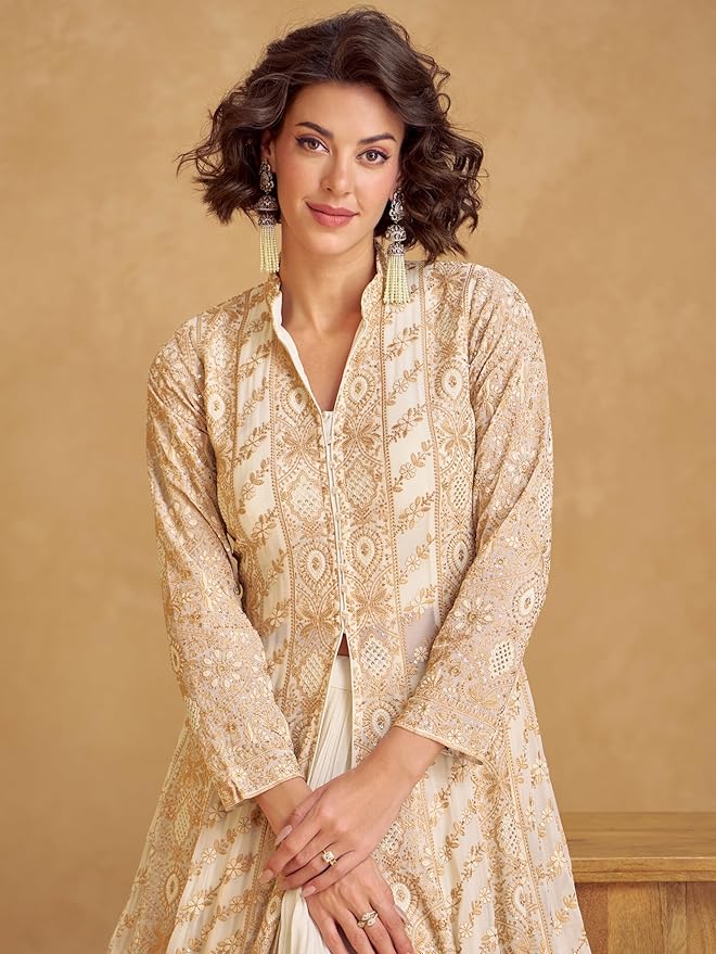 Women's Off White Chinon Stitched Top With Bottom and Dupatta Full Sleeve Embroidered Lehenga Set - Image 2