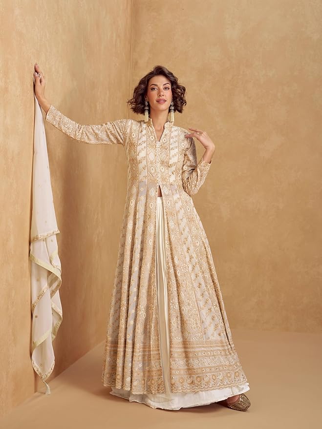 Women's Off White Chinon Stitched Top With Bottom and Dupatta Full Sleeve Embroidered Lehenga Set - Image 3
